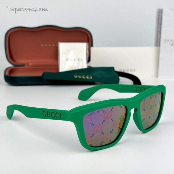 BRAND NEW Gucci GG1571S 004 Green Blue Mirrored Logo Unisex Square Sunglasses - Picture 3 of 9